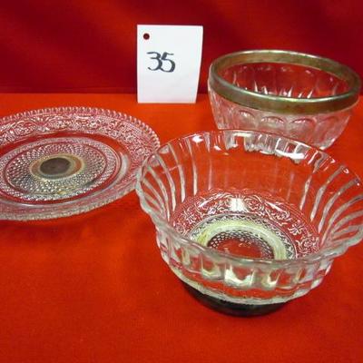 Crystal Candle Holder plate, Crystal Dish, Crystal bowl silver plate trim, 3 pcs