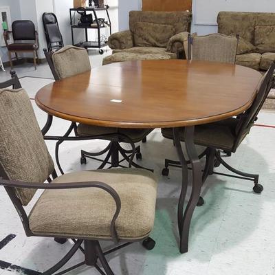 Wood and metal Dining Table w/ leaf Plus 4 chairs w/ wheels