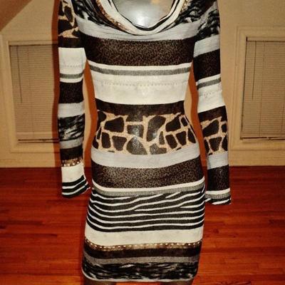 Luca Milano draped collar wiggle dress animal combo print knit