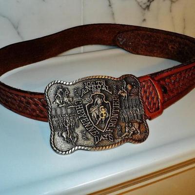  Cheyenne frontier leather carved belt solid brass buckle 100 years frontier days