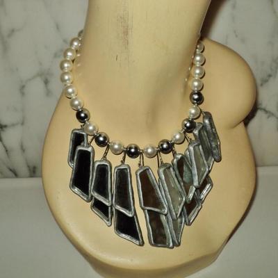 Vtg 1960's Gun Metal Necklace hanging mirrors on resin choker style with pearls