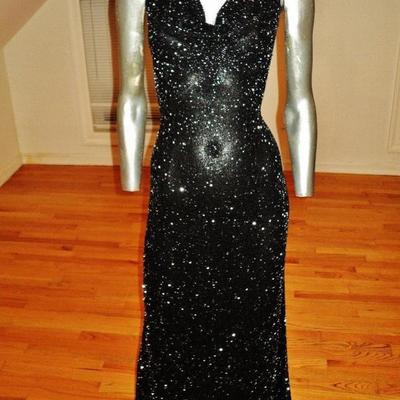 Vtg silk Onyx maxi gown with train extremely heavy beaded bias cut