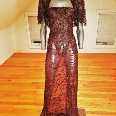 Vtg 1970's Layering lace gown w/bolero gold embossed and beaded 