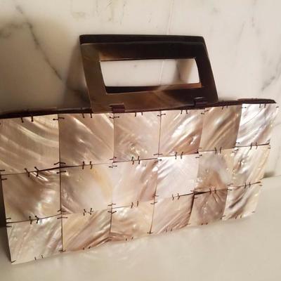 Vintage mother of pearl shel handbag tortoise double handles