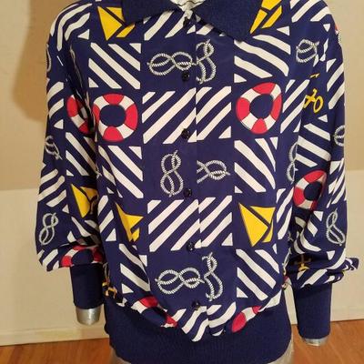 Vtg Castleberry London Maritime Blouson top knit borders L/XL