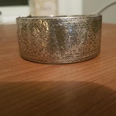 Antique English sterling silver bangle carved