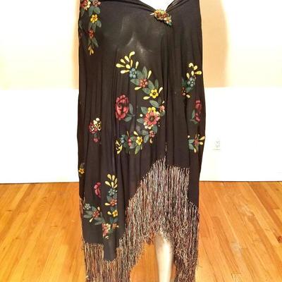  French 1930's Rare hand painted Large silk shawl/Pareo crystal brooch fringes 