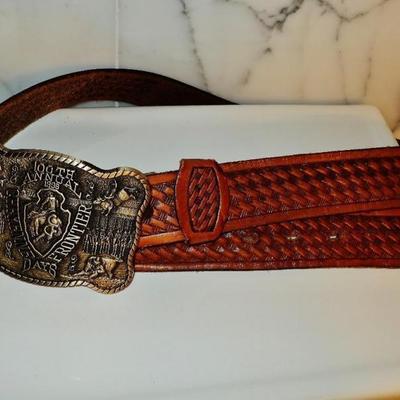  Cheyenne frontier leather carved belt solid brass buckle 100 years frontier days