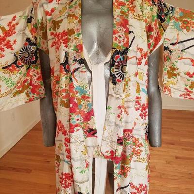 Vtg 1940's Japanese Haori Hand painted raw silk kimono Shibori art gold