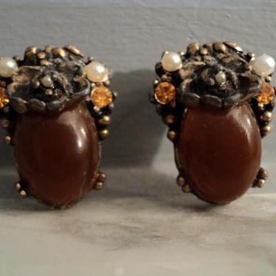 Vintage sterling  amber clip on earrings filigree bakelite and citrine