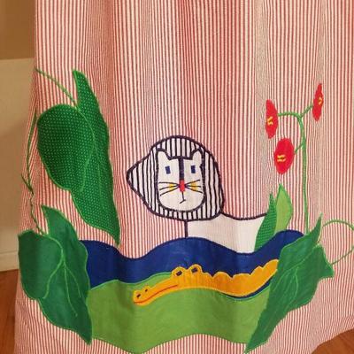 Vtg Pinafore seersucker dress with embroidered animal applique'