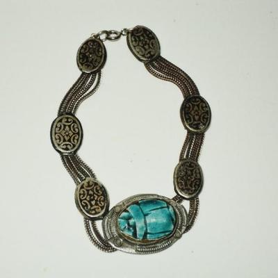 Vtg 1940's old silver scarab bracelet  Beetle filigree embossed from Egypt