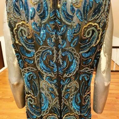 Vtg silk hand beaded layering flapper maxi dress on chiffon back slit 
