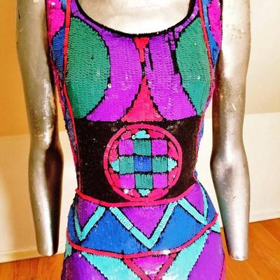Vtg 1970's Geometric silk dress fully sequined embellished Amazing 