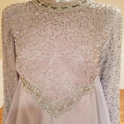 Vtg 1960's Silver Chiffon Empire crystal beaded gown , Japan 