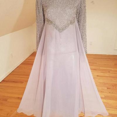 Vtg 1960's Silver Chiffon Empire crystal beaded gown , Japan 