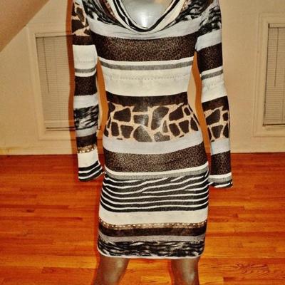 Luca Milano draped collar wiggle dress animal combo print knit