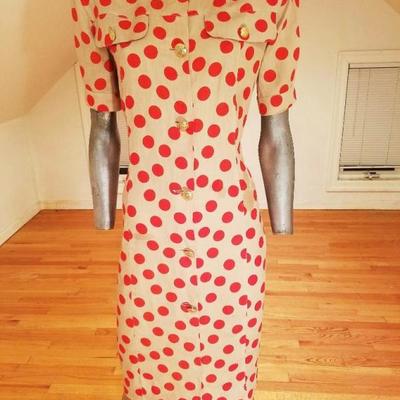 Vtg Missoni Linen polka dot shirt dress gold crest buttons