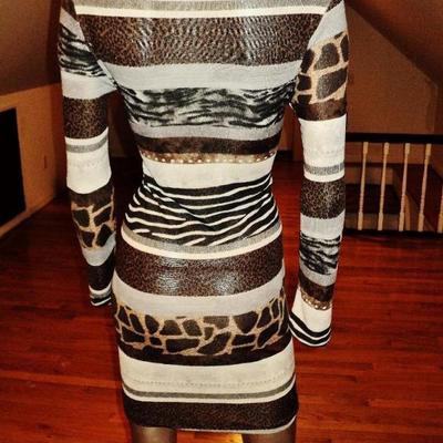 Luca Milano draped collar wiggle dress animal combo print knit