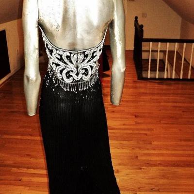 Vtg Jovani silk halter maxi all beaded & sequined black & white Gown