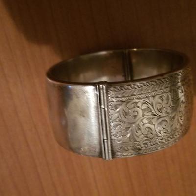 Antique English sterling silver bangle carved
