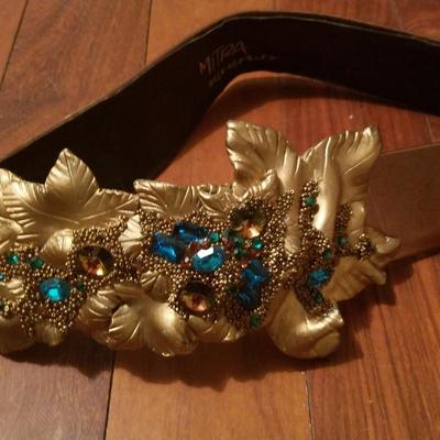  Leather Resin carved belt crystals stones signed