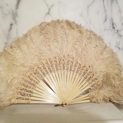 18th century Victorian French Ostrich feather large fan lace/bronze tone loop