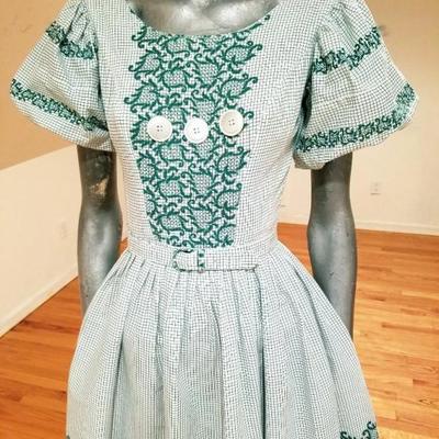 Vtg 1940's grid & floral full sweep cotton dress button detail/ belt