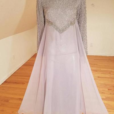 Vtg 1960's Silver Chiffon Empire crystal beaded gown , Japan 
