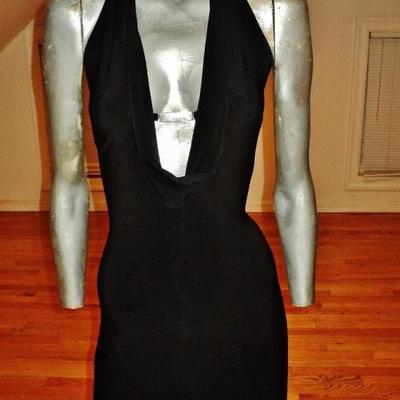 Vtg Cache' Body Con maxi dress silver front bar open piped plunge back