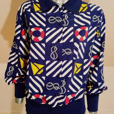 Vtg Castleberry London Maritime Blouson top knit borders L/XL