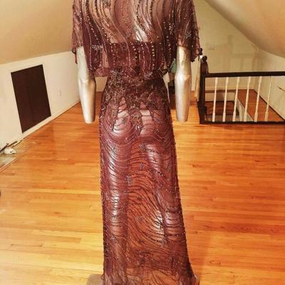 Vtg 1970's Layering lace gown w/bolero gold embossed and beaded 