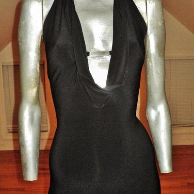 Vtg Cache' Body Con maxi dress silver front bar open piped plunge back