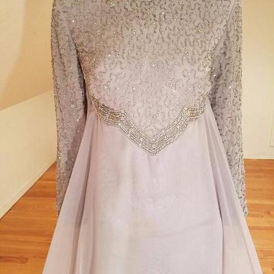 Vtg 1960's Silver Chiffon Empire crystal beaded gown , Japan 