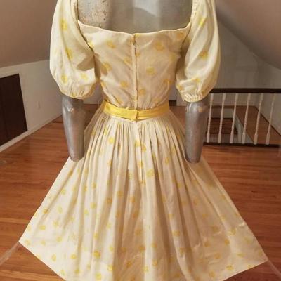 Vtg 1940's full sweep yellow cotton twill dress puff sleeves
