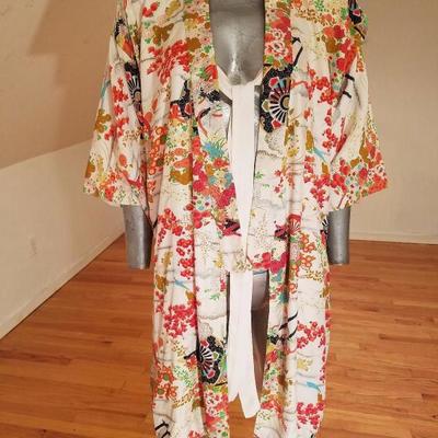 Vtg 1940's Japanese Haori Hand painted raw silk kimono Shibori art gold