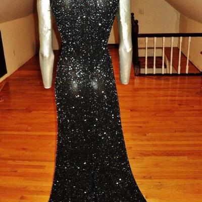 Vtg silk Onyx maxi gown with train extremely heavy beaded bias cut