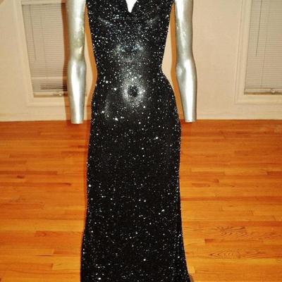 Vtg silk Onyx maxi gown with train extremely heavy beaded bias cut