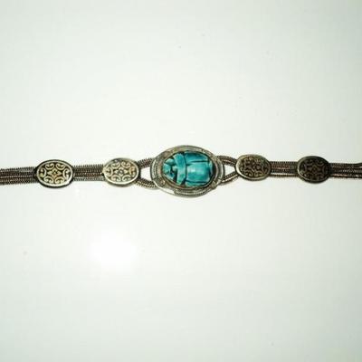 Vtg 1940's old silver scarab bracelet  Beetle filigree embossed from Egypt