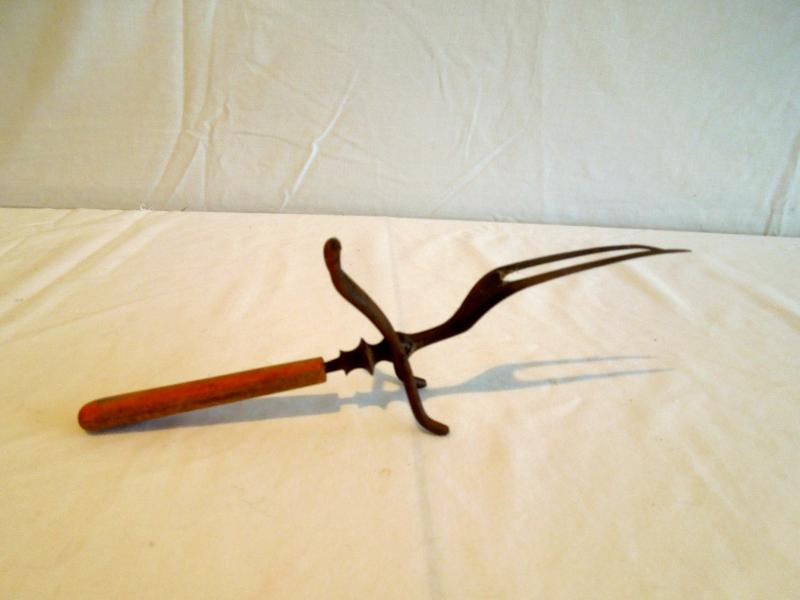 Lot 27 Antique Wood Handled Carving Fork with Folding Stand 1800's