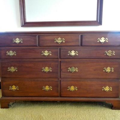 Lot 72 Vintage Henkel-Harris Black Cherry Lowboy Dresser with Mirror