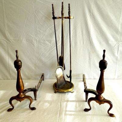 Lot 58 Brass Fireplace Tools and Andirons
