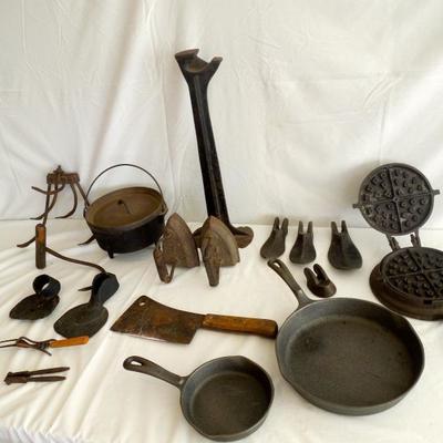 Lot 47 Group of 17 Pieces of Cast Iron and Steel Tools and Cookware