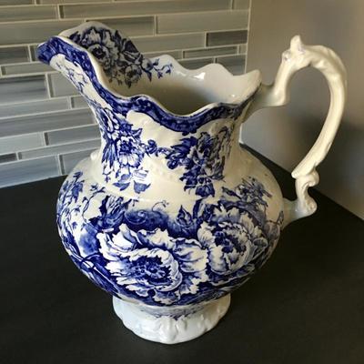 Large Blue & White Semi Porcelain Colonial Pottery Stoke England IRVING Pitcher