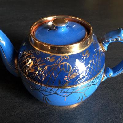 Small Ceramic Blue & Heavy Gold Patterned Teapot Signed - Made in England