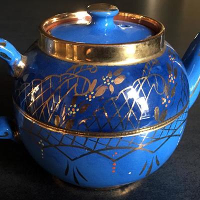 Small Ceramic Blue & Heavy Gold Patterned Teapot Signed - Made in England