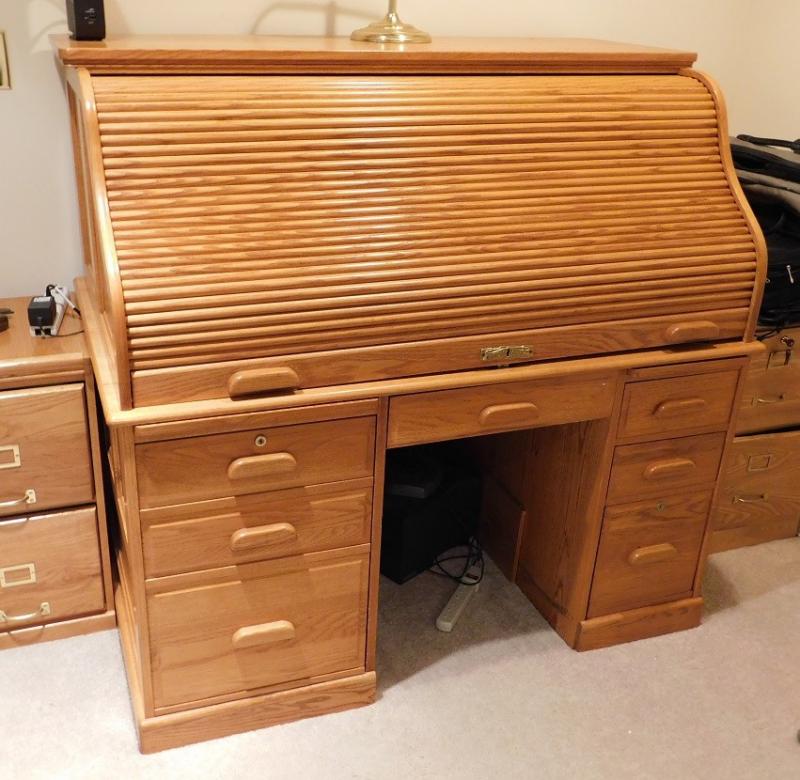 Oak Roll Top Executive Desk with Gallery and Computer Slides