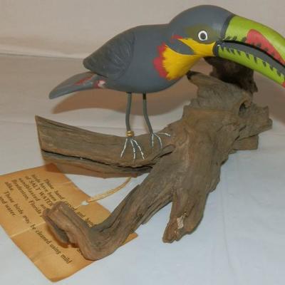 Hand Carved Toucan Perched on Driftwood - Lot 9