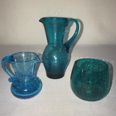 Blue Crackle Glass Lot of 3