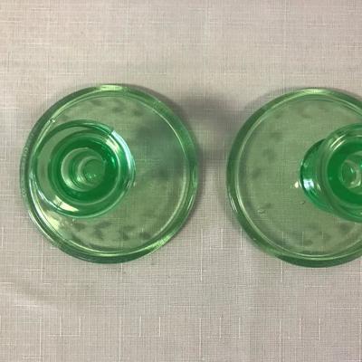 Pair of Etched Vaseline Glass Candlesticks 